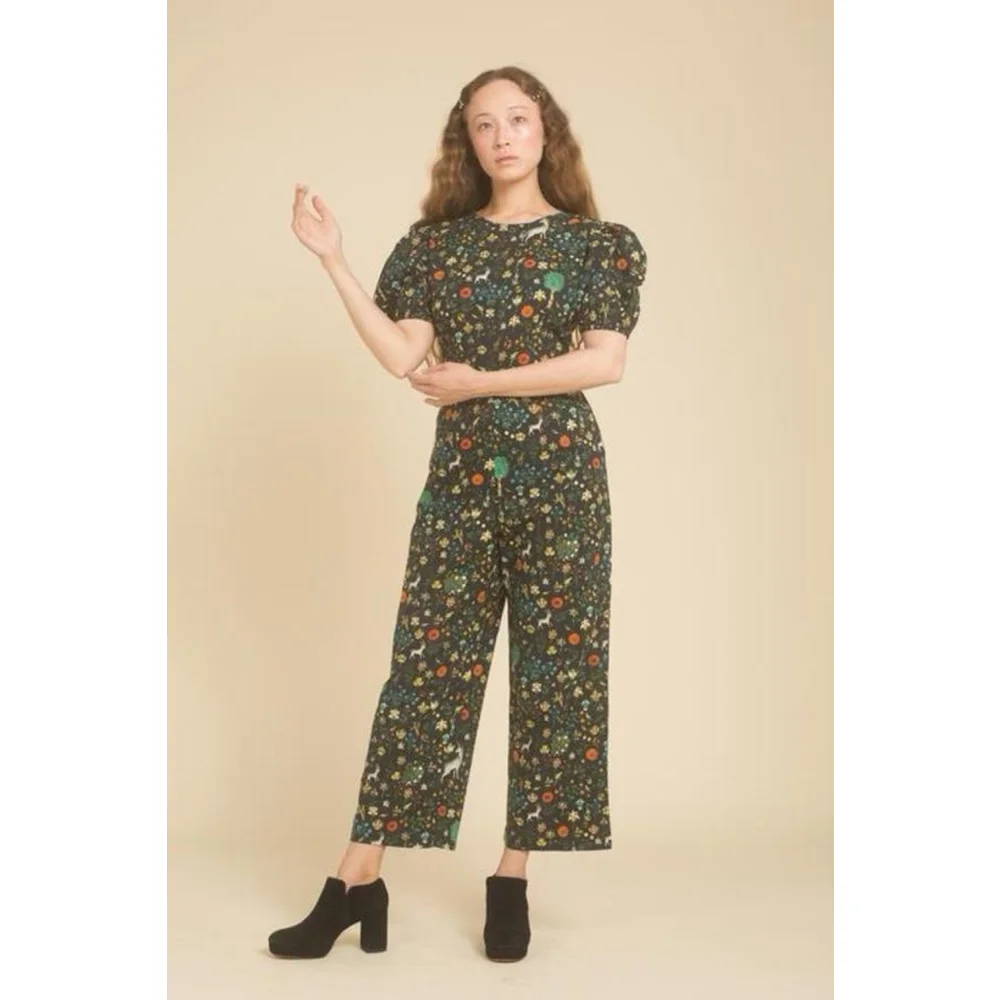 Samantha Pleet Garden Jumpsuit Puff Sleeve 2 Black Illuminated Ethereal Floral - Picture 8 of 14